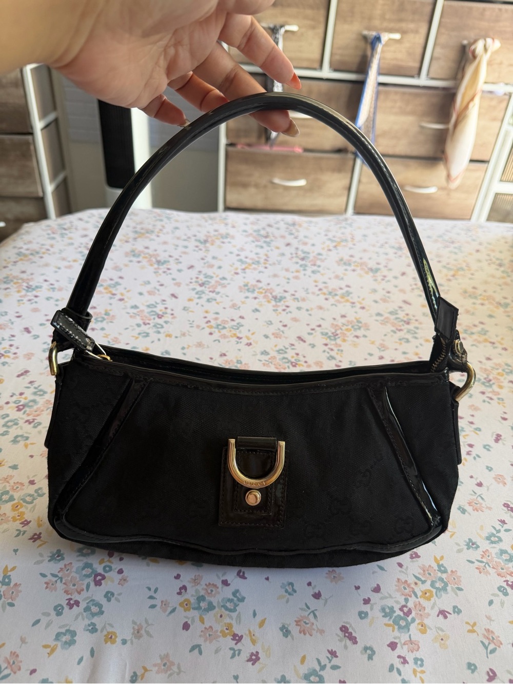 Gucci Black Shoulder Bag with Gold D-Ring Accent